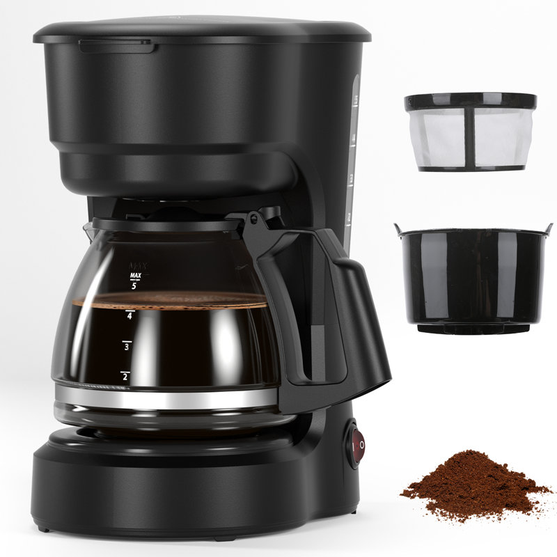 Cafetière compacte de 5 tasses - minuterie programmable de 24 heures, fonction de maintien au chaud, réservoir d'eau de 25 oz, protection contre la surchauffe et arrêt automatique. Idéal pour la maison, le bureau ou les aventures en plein air (noir)