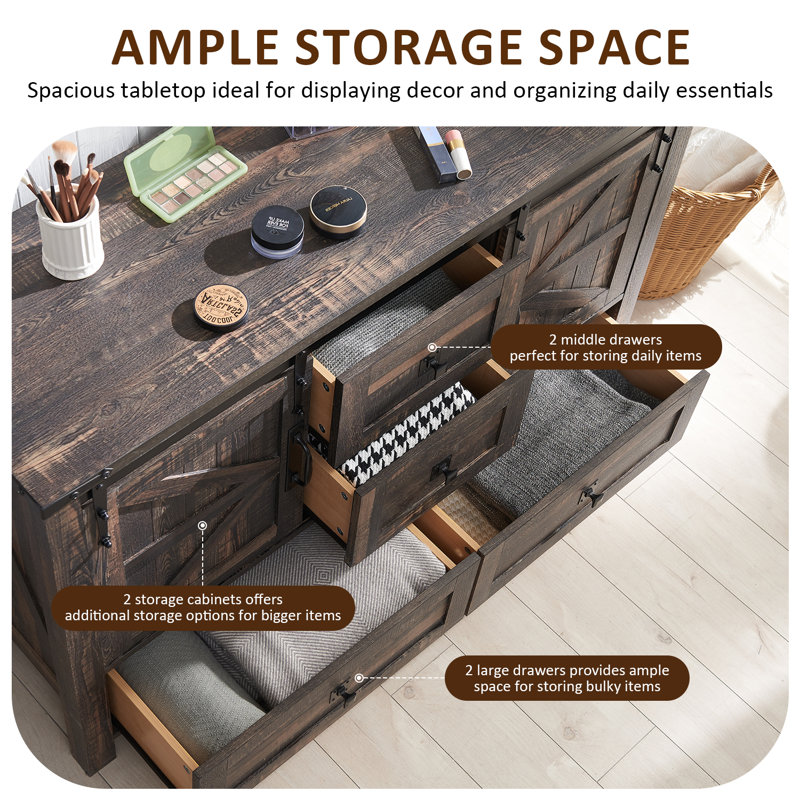 48'' Farmhouse Dresser Chests with 4 Drawers and 2 Cabinets, Dark-Color