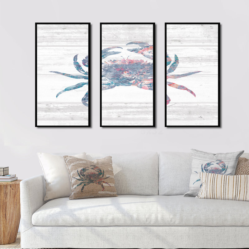 Crabe rose océan, ensemble de 3 reproductions d'art sur toile encadrées nautiques et côtières, H 32 po x l 48 po, Noir