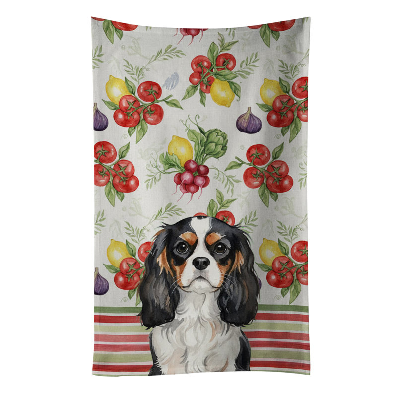 Tricolor Cavalier Spaniel Vegetables Kitchen Towel, Tricolor Cavalier Spaniel