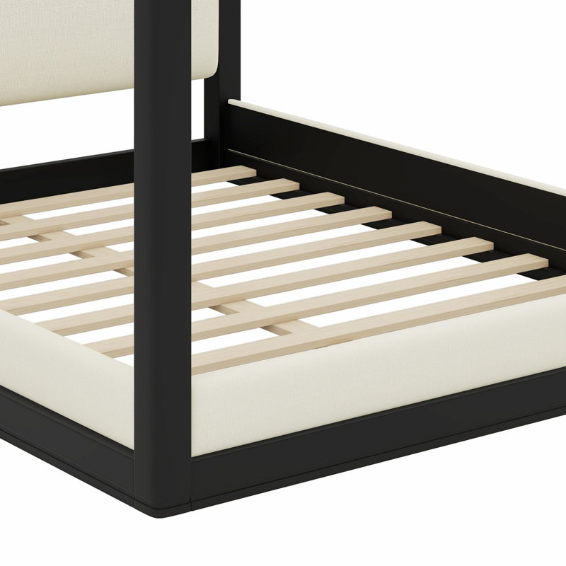 Lit à baldaquin en bois robuste et tête de lit tapissier, Black, Queen