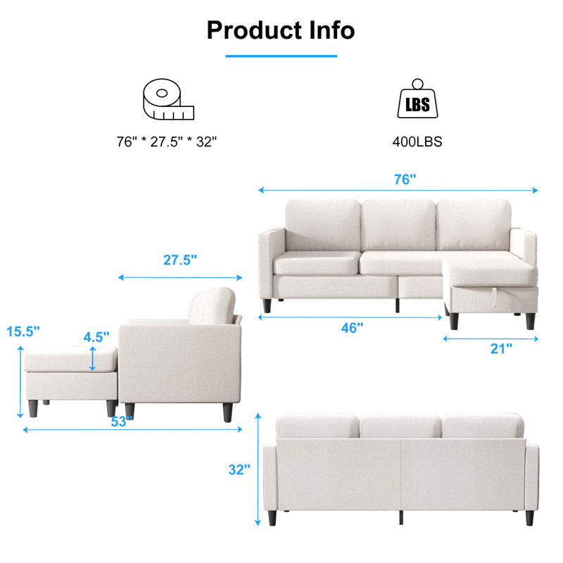 Ebern Designs Sillones Para Sala Convertible Sectional Sofa Couch,3-seat L-shaped,reversible Modern Couch With Movable Storage Ottoman Chaise, Free Combination Sofa For Living Room And Office