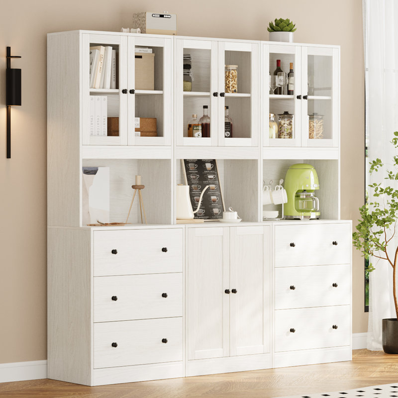 Book Cabinet Storage Bookcase, 5-Tier Modern Bookshelves With 3 Large Drawer And Glass Door(2A+B), White