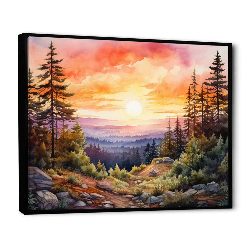 Pin, horizon rose sur toile, H 24 po x l 32 po x P 1 po, Cadre flottant noir