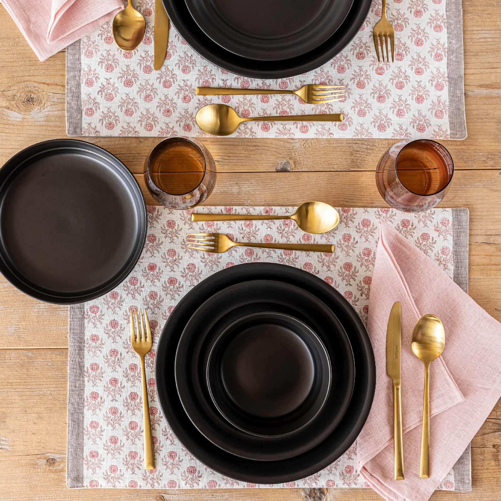 Hand-Blocked Cotton Placemat, Pink Bloom