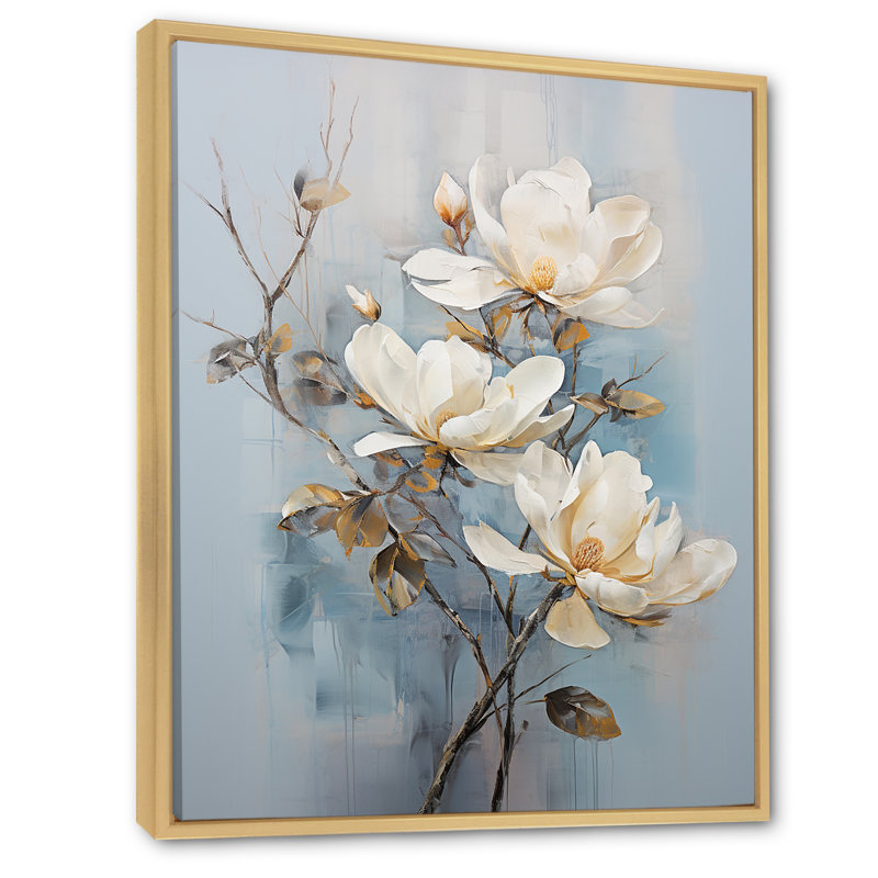 Magnolias Bloom en blanc IV sur toile, Cadre naturel flottant, H 32 po x l 16 po