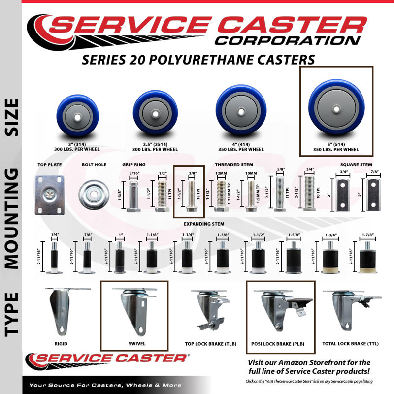 Polyurethane 3/8 Inch Threaded Stem Caster with Brake
