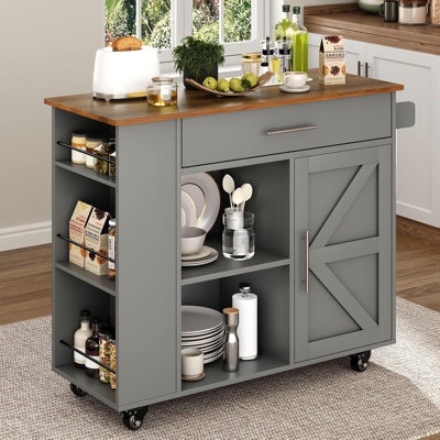 Kitchen Island Cart with Storage, Island Table for Kitchen with Spice Rack & Towel Rack, Cabinet & Drawer, Rolling Microwave Cart with Open Shelves by August Grove