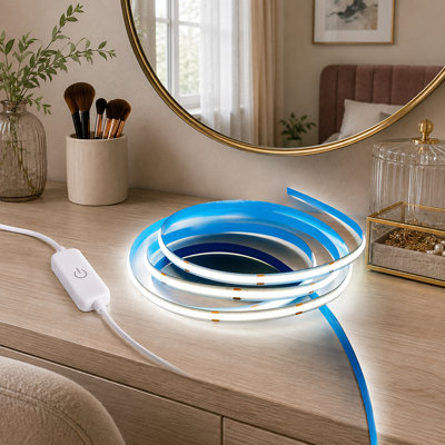 Compact 3.28ft white COB LED strip powered by 5V USB, sized for TV lighting, under-cabinet use, kitchens, living rooms, shelving, or displays.