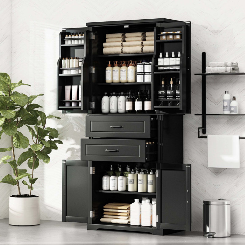 White Multi Compartment Storage Cabinet, Built-In Shelf Door With 2 Drawers & Adjustable Layer, Noir