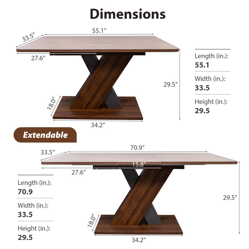 Table de salle à manger extensible - Base moderne en forme de X, conception peu encombrante, robuste et durable pour un usage domestique et commercial