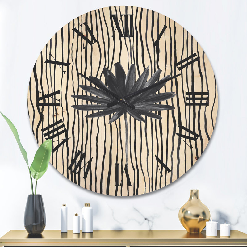 Horloge murale à feuilles tropicales sur bois rayé III, Grand