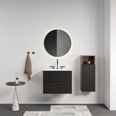 24" Wall Mounted Soft Black & Walnut Bathroom Vanity With Integrated Ceramic Sink With Overflow, With 3 Holes, Large Storage Floating Bathroom Vanity For Modern Bathroom,
