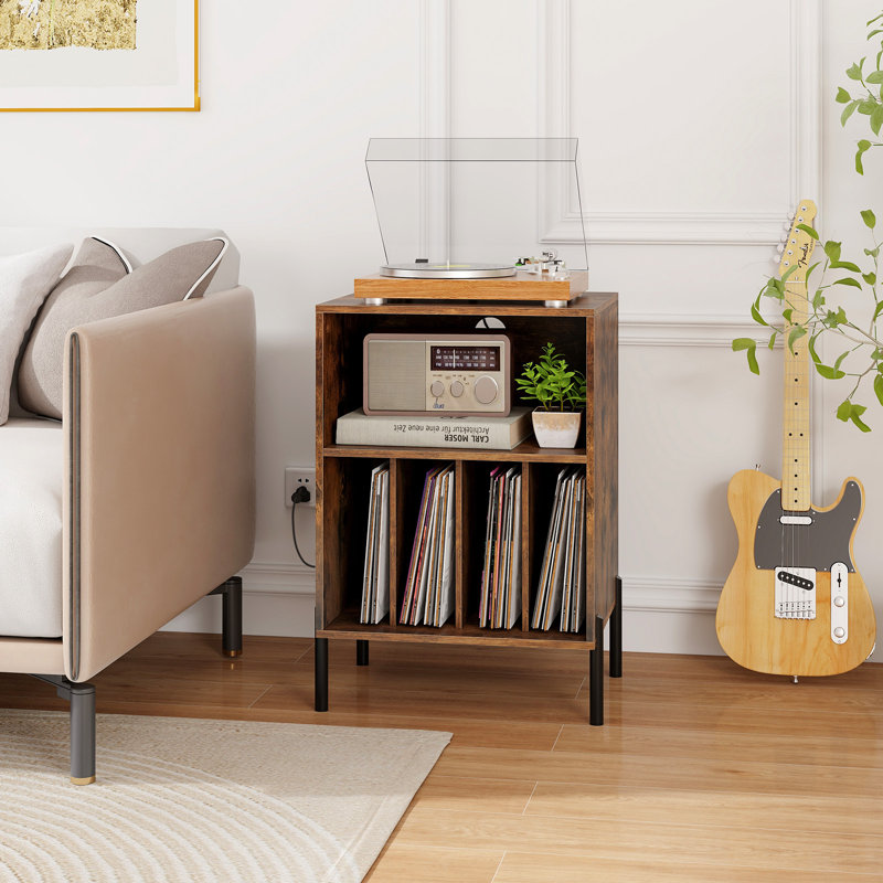 Record Player Stand w/Charging Station 5 Storage Compartments Anti-toppling Kits, Coffee