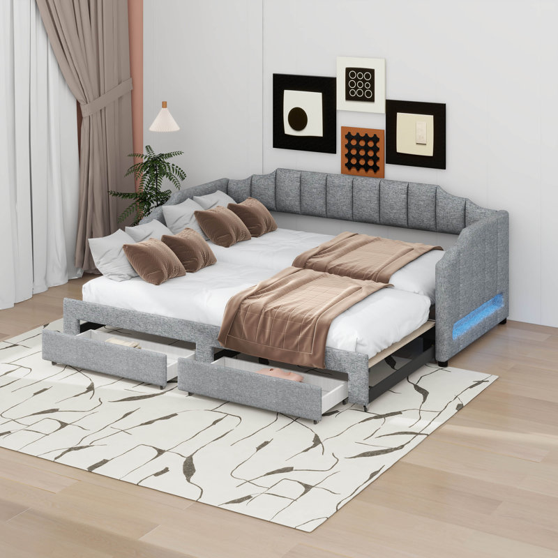 Lit de jour avec tiroirs de rangement et lit gigogne extensible avec lumières DEL, Gris