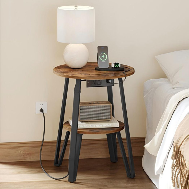 End Table With Charging Station, 2 USB ports, 2 Power Outlets, and 2-Tier Round Storage Shelves