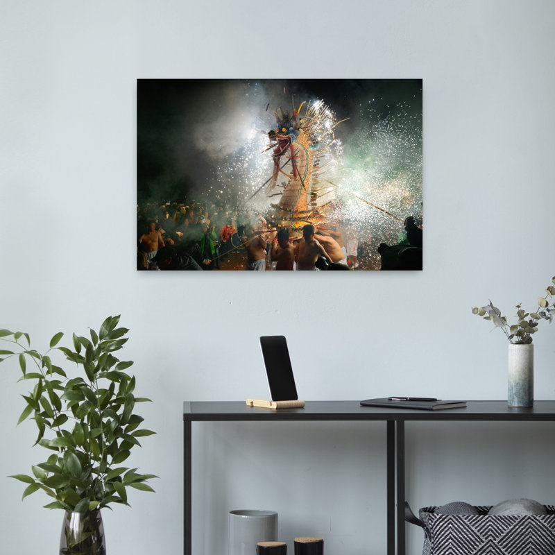 Dragon, feux d'artifice, célébration, art mural traditionnel, H 16 po x l 24 po