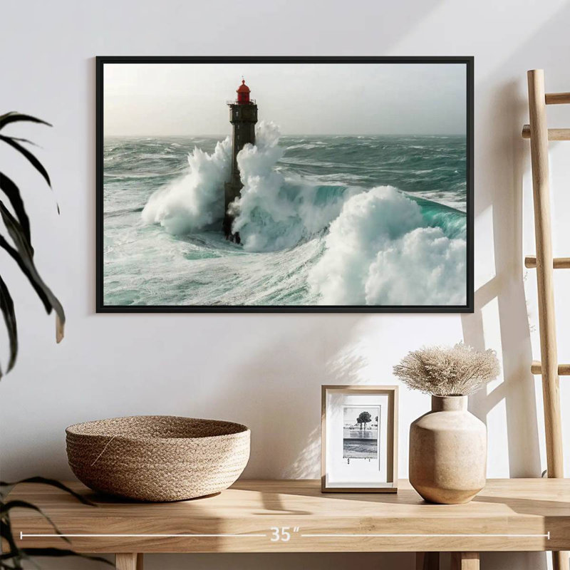 Phare dans une tempête, 25 po x 17 po, Cadre flottant noir