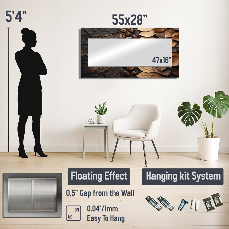 Espresso, feuilles et veines de la nature I - Miroir mural décoratif floral - imprimé sur métal, 28 po x 55 po