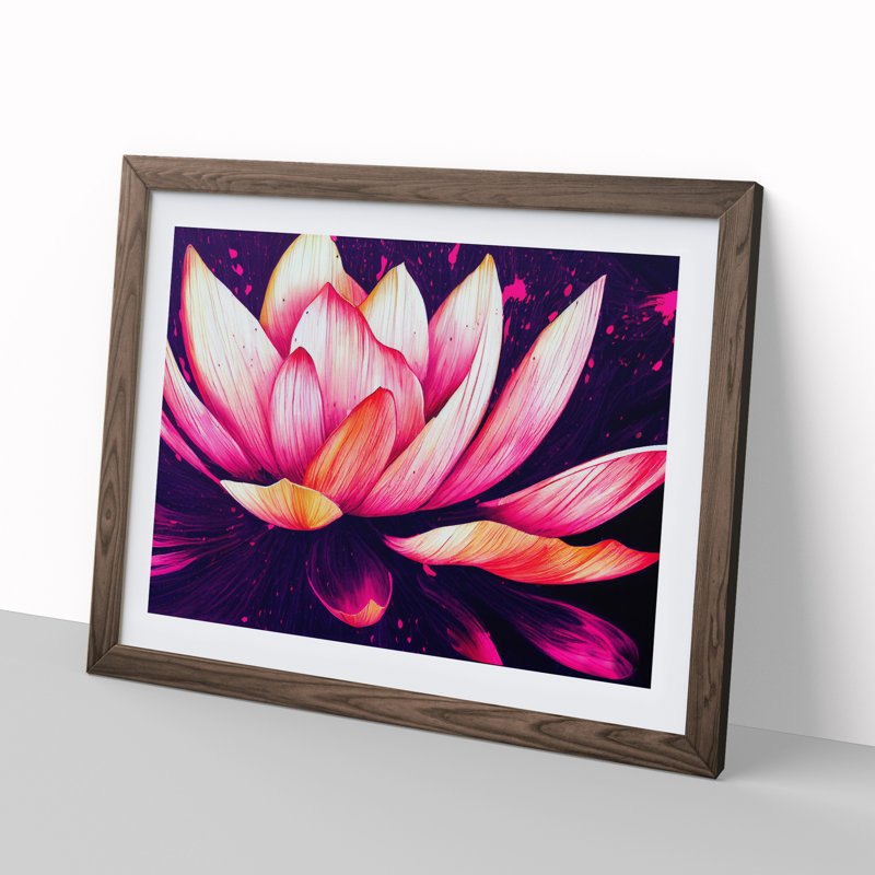 Lotus Flower Paint Splatter (4) - Single Picture Frame Print, Walnut, 46cm H x 64cm W