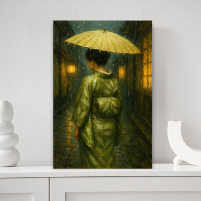 Geisha japonaise avec parapluie dans la soirée, art mural contemporain