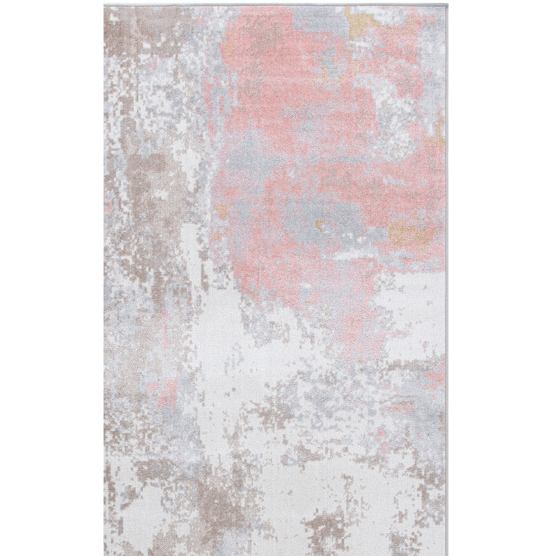 Tapis en polyester tissé à plat à la main à motif abstrait en ivoire / gris / rose Braidy, Carré 5 pi 3 po