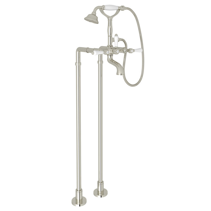 Acqui Floor Mount Tub Filler, Polished Nickel, Porcelain Lever Handle