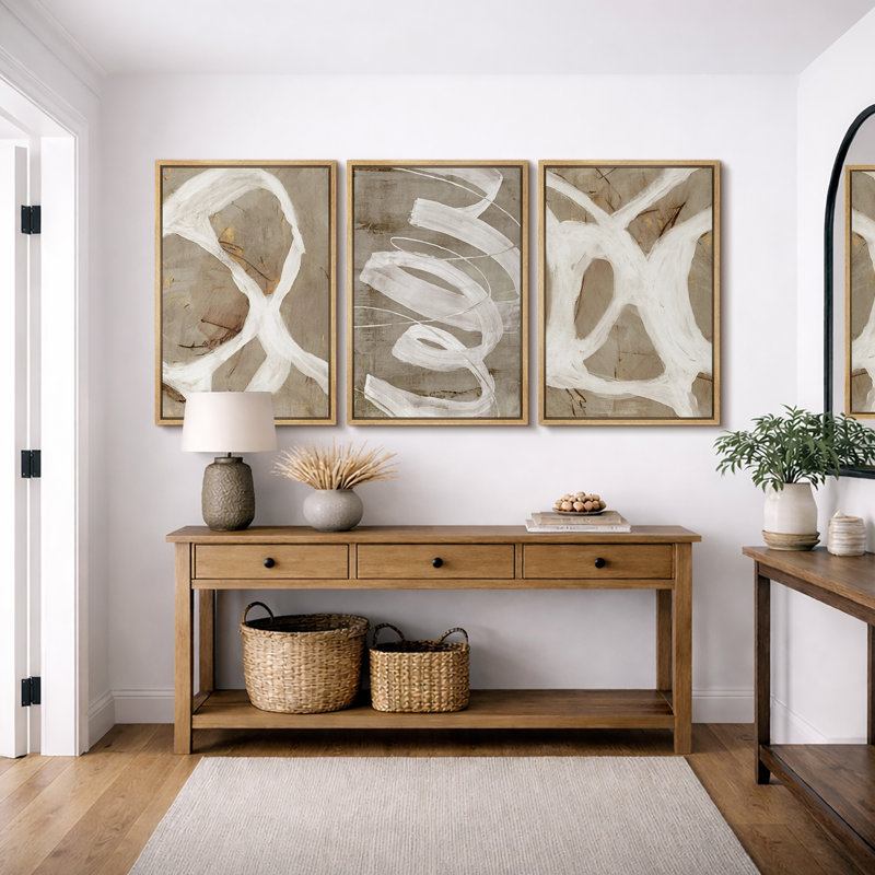 Pastel Tan & Brown & Green Hues Artwork, Abstract Neutral Modern Living Room Wall Pictures, Framed Canvas Giclée Print 3 Pieces Wall Art" 16"x24"x3 pcs, 24"x36"x3 pcs