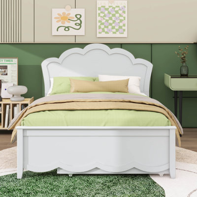 Twin-Sized Wooden Platform Bed With Headboard And Accompanying Twin-Sized Trundle Bed