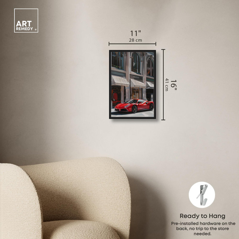 Red Car Parked Out , Cadre flottant noir, H 16 po x l 11 po