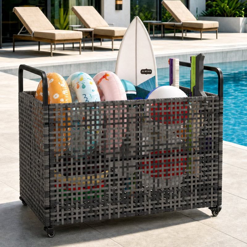 Bac de rangement flottant robuste pour piscine extérieure - Grand chariot roulant en maille avec roues et main courante - Roulettes verrouillables - Style PE rotin - Banc de rangement de patio pour piscine - Taille: 115 x 61 x 91 cm, gris creux
