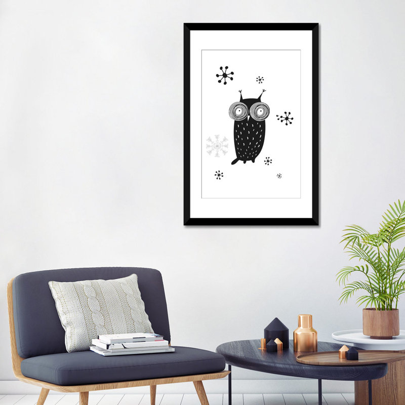 « hibou i », impression sur toile, H 24 po x l 16 po x P 1 po, Papier d'art encadré noir, Blanc