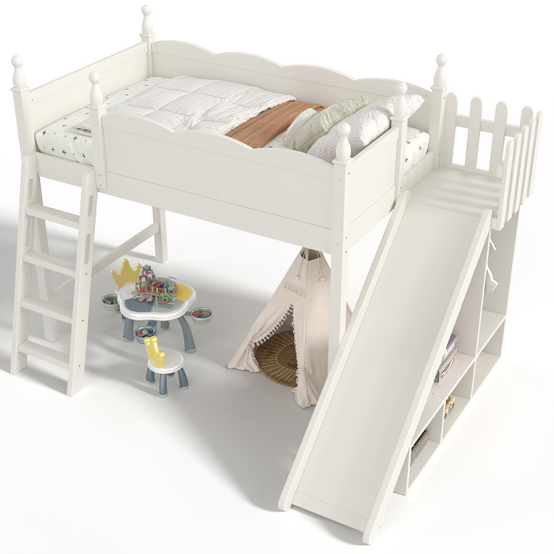 Lit mezzanine en bois avec tablettes, garde-robe et glissade amovible, Lit simple, Beige
