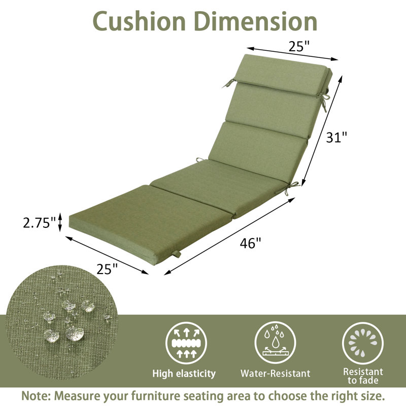 25" x 77" x 2.75" Outdoor/Indoor Chaise Lounge Cushion Set with Pillow (1-Pack), Green, 25" W x 77" D
