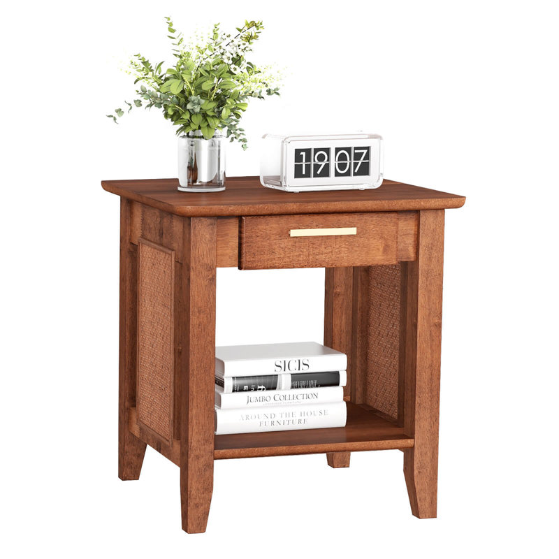 Red Barrel Studio® Boho Style Nightstand 3-tier Sofa Side End Table W/ Drawer & Shelf Walnut, Individual