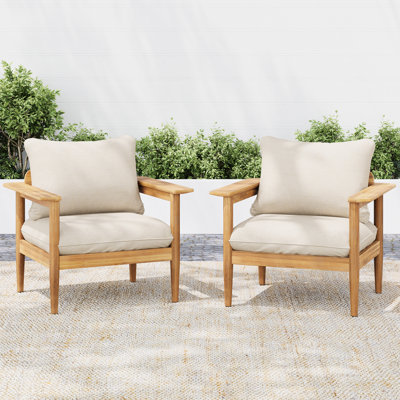 Fauteuil de jardin 2 places avec structure en bois, coussins d'assise et de dossier confortables, larges accoudoirs moelleux et spacieux