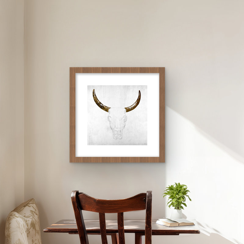 Crâne de taureau avec cornes - Vache, reproduction encadrée, Brun