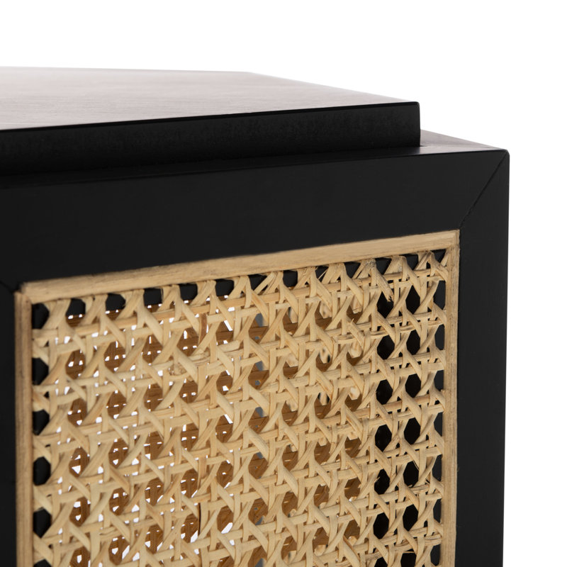 Black Wood Console Table with Woven Rattan Sides