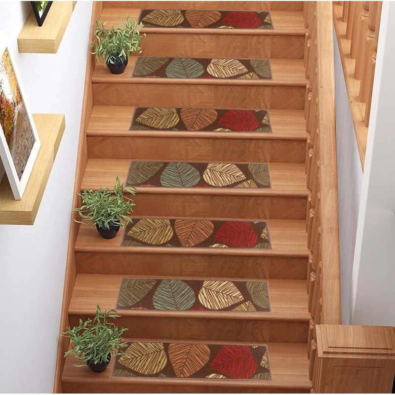 Tapis d'escalier antidérapant à motif floral et feuilles lavables à la machine, Rectangle 26 po x 8,5 po