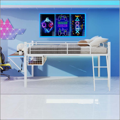 Lit mezzanine double en métal avec bureau intégré et bande lumineuse à DEL