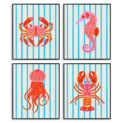Ensemble de 4 giclées encadrées Bright Sea Creatures on Stripes, design par Indira Prieto | IndySign