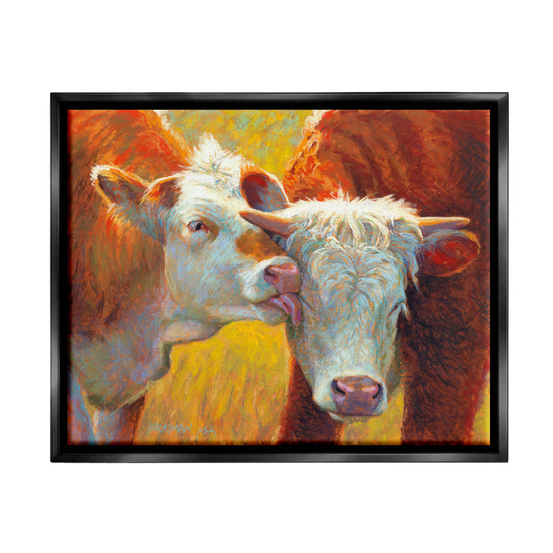 Vache léchant des animaux de ferme par Rita Kirkman - peinture sur toile à cadre flottant, Cadre flottant noir de jais