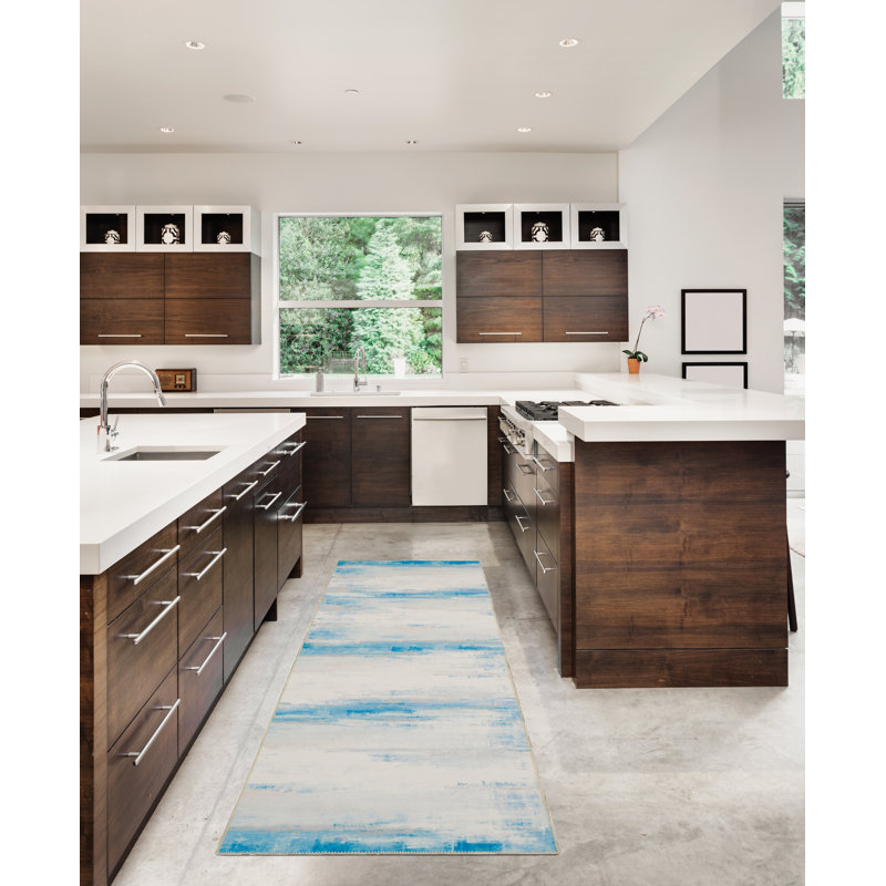 Migliore Machine Washable Ivory and Blue Area Rug, Runner 2' x 8'