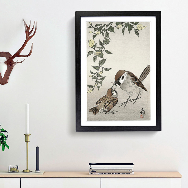Sparrow Birds and Plants by Ohara Koson - Picture Frame Painting Print, Black Framed, 48cm H x 36cm W x 2cm D