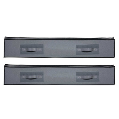 Lot de 2 boîtes de rangement empilables de 90 litres à placer sous le lit, avec couvercle transparent, pour livres, vêtements et plus encore. Tissu non tissé inodore, pliable et peu encombrante. Panneau transparent, gris foncé, profondeur 27,2 cm, largeur 25,5 cm.