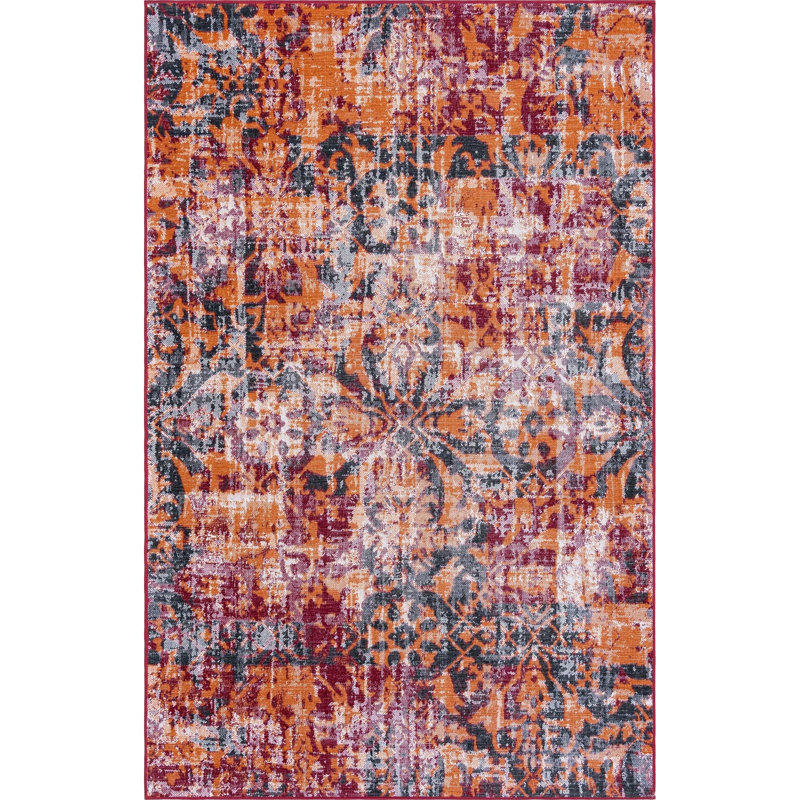 Tapis floral terre cuite, Rectangle 5 pi 3 po x 8 pi