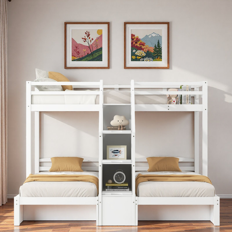 Lit superposé avec escalier de rangement intégré, tiroir et plateau de rangement supérieur
