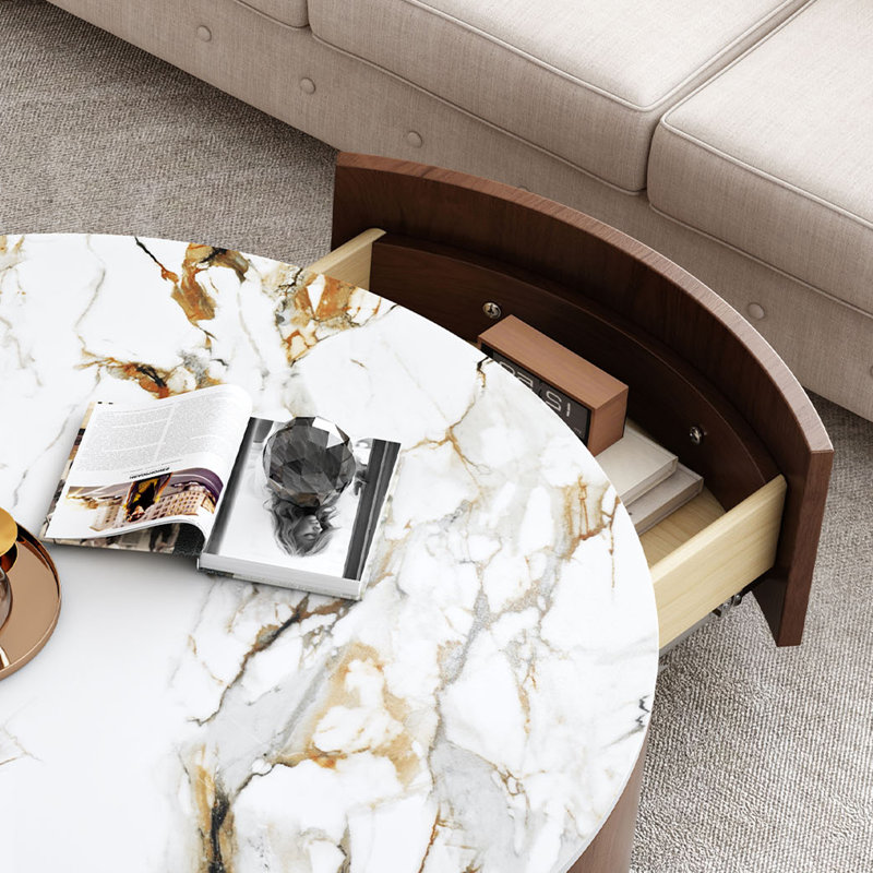 Table basse ronde moderne avec plateau en pierre frittée et 2 tiroirs Modern