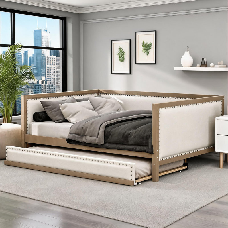 Lit plateforme avec lit gigogne double en lin avec couchette, structure en bois massif pour les chambres d'amis et les petits espaces