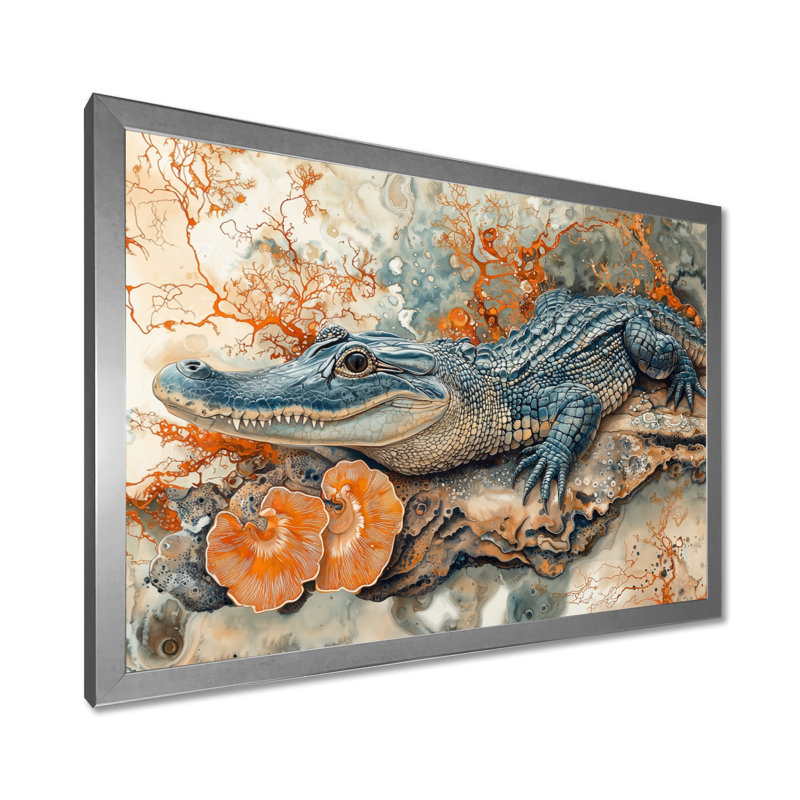 Aligator and Marble Felections II - Crocodile, art mural, H 16 po x l 32 po, Cadre simple, Argent argent